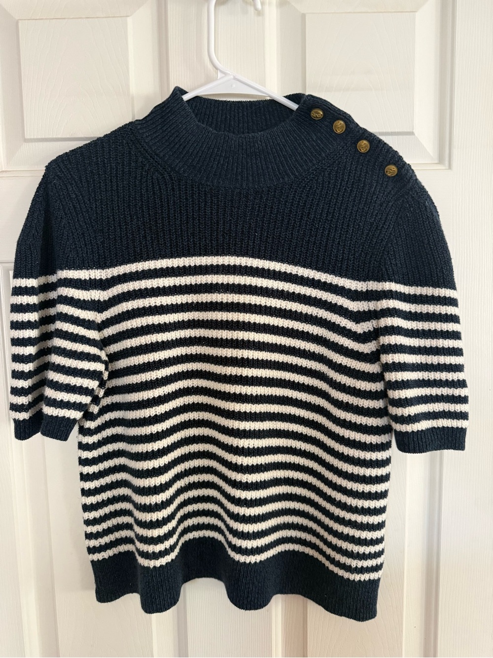 Anthropologie Maeve Divendra Knit Short Sleeve Striped Sweater Nautical Navy L
